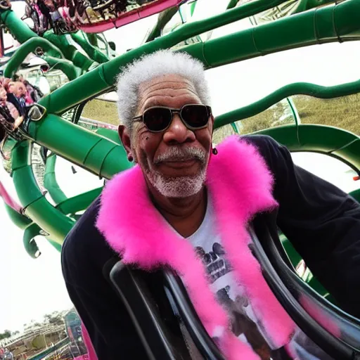 Prompt: morgan freeman with a pink mohawk and a nose ring riding a rollercoaster