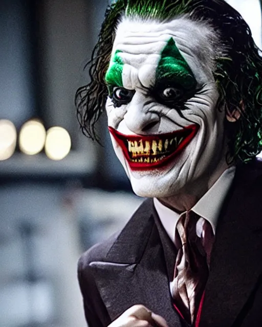 Image similar to Film still close-up shot of Vince McMahon as The Joker from the movie The Dark Knight