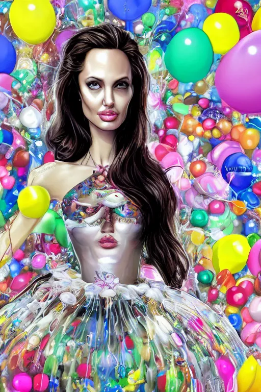 Image similar to young angelina jolie as an balloon woman dressed in intricate balloon clothing surrounded by tiny balloons, fantasy, wlop, trending on artstation, deviantart, anime key visual, official media, professional art, 8 k uhd