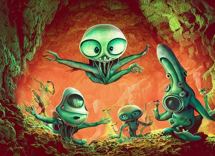 Image similar to 👽👾 aliens, in a beautiful cave, lowbrow, amazing colorful background, digital art, concept art, in the style of mark ryden, 3 - d 4 k,