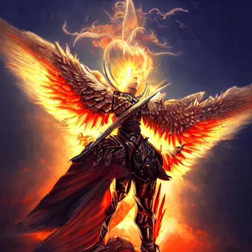Prompt: epic portrait of an armored male angel with flaming wings, flying in the sky