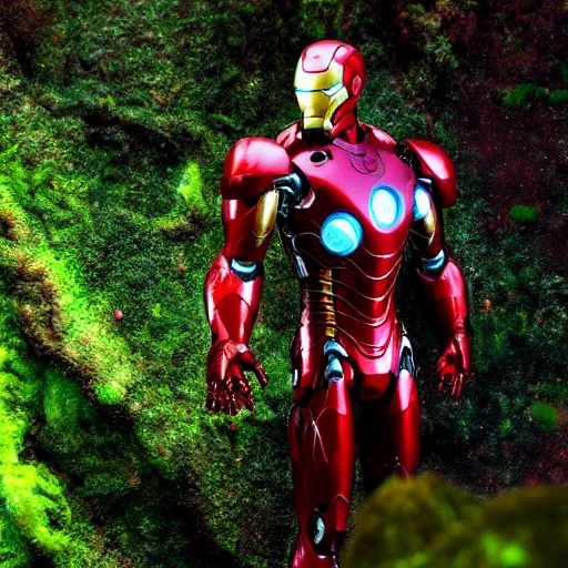 Prompt: rusty iron man suit with moss being reclaimed by nature underwater!!!!, 4 k, spooky