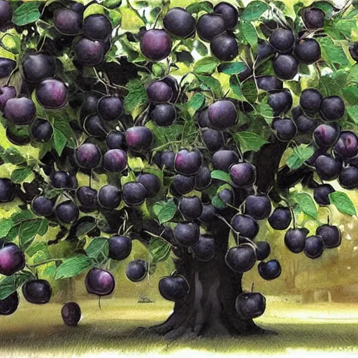 Prompt: a tree with many black colored apples (((leaves))) black poison apples, #black apples, ?black apples, !black apples, •black apples painted by rossdraws, greg rutkowski, thomas kindkade