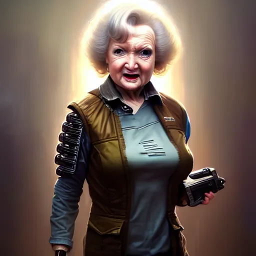 Image similar to portrait, cyberpunk young betty white, unreal engine realistic render, 8 k, micro detail, intricate, elegant, highly detailed, digital painting, artstation, smooth, sharp focus, illustration, artgerm, tomasz alen kopera, peter mohrbacher, donato giancola, joseph christian leyendecker, wlop, boris vallejo