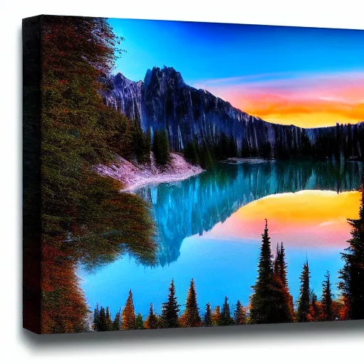 Image similar to ! dream lake in the alps at sunset painted by bob ross