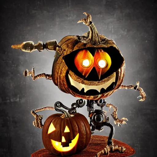 Prompt: tiny and cute halloween monster with intricate details created with pumpkin and steampunk, screws and bolts, a cog and a pearl, lit up, cinematic, 3d occlusion, isolated on white background