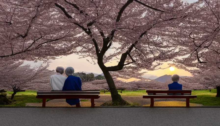 Image similar to back view of an old japanese couple sit on the bench, sunset, japanese village, cherry blossomns, shingo araki, hyperdetailed, artstation, cgsociety, 8 k