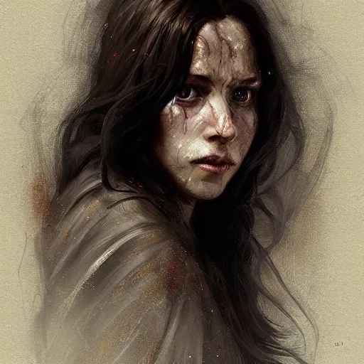 Prompt: portrait of an woman by Greg Rutkowski, she is about 20 years old, pretty, long brown wavy hair, scar near her mouth that makes her look like she's smiling all the time, wearing jedi robes, Star Wars Expanded Universe, highly detailed portrait, digital painting, artstation, concept art, smooth, sharp foccus ilustration, Artstation HQ