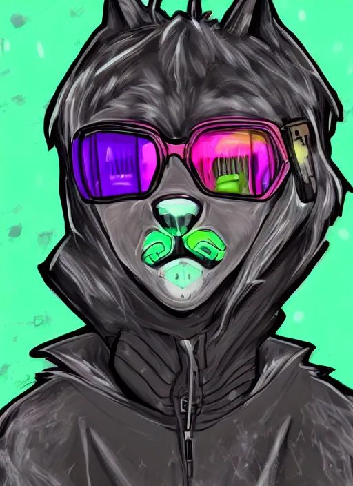 Image similar to digital drawing of anthromorphic hyena female drawn in cell shaded, fursona, furry fandom, neon rainy cyberpunk setting, anthro, wearing cyberpunk 2 0 7 7 jacket, detailed face,