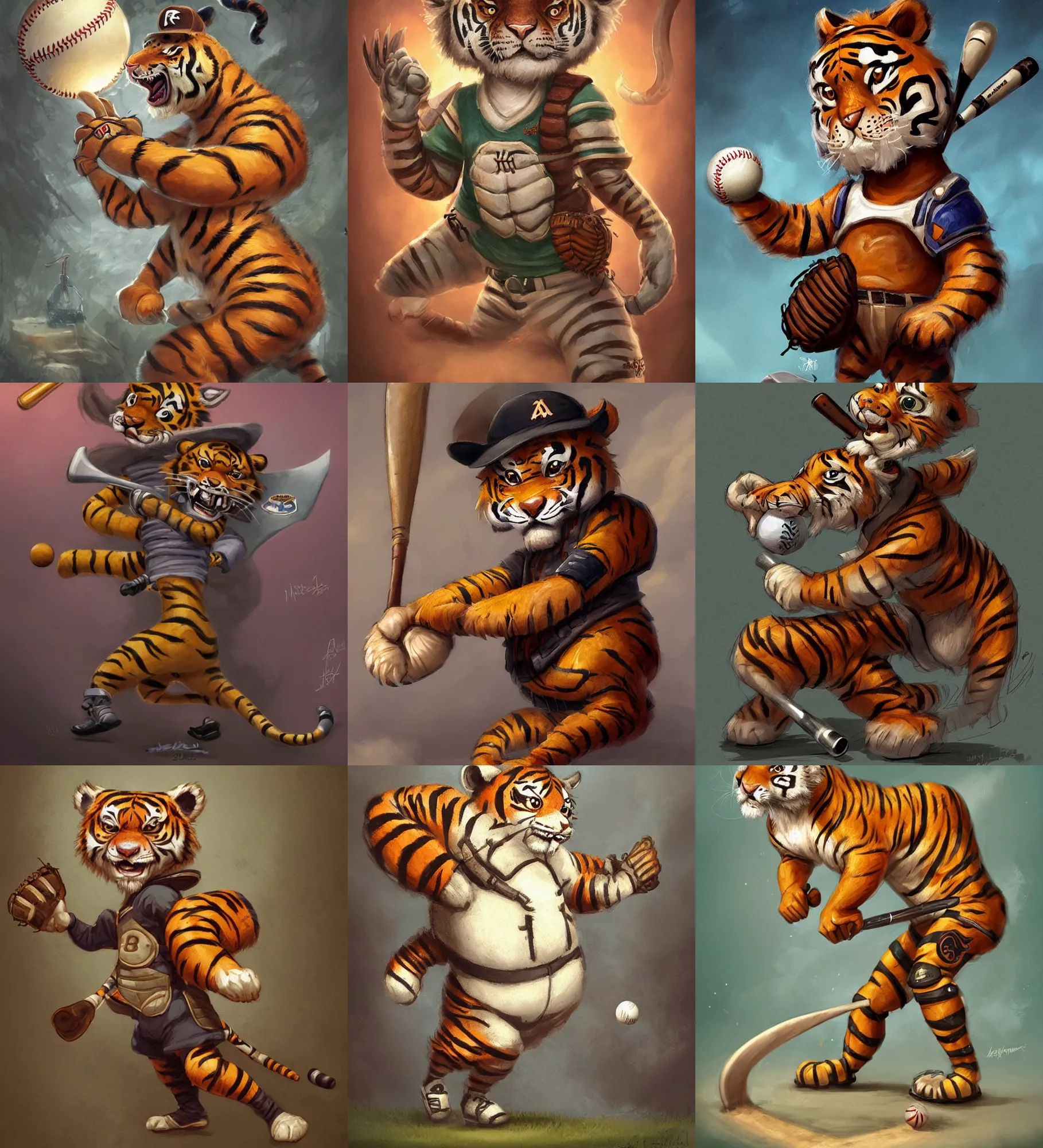 Prompt: cute little anthropomorphic tiger baseball pitcher, tiny, small, short, baseball uniform, cute and adorable, pretty, beautiful, baseball stadium, dnd character art portrait, matte fantasy painting, deviantart artstation, by jason felix by steve argyle by tyler jacobson by peter mohrbacher, cinema