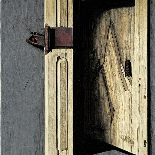 Prompt: a wooden door broken in half with an axe, by Gerald Brom, realistic, detailed, trending on art station