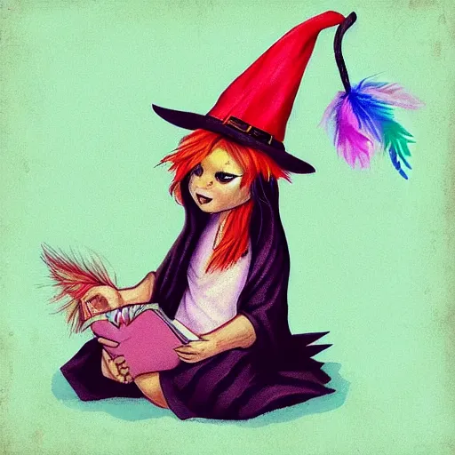Image similar to cute baby phoenix wearing a witch\'s hat and reading a book, colorful rainbow feathers, digital art, trending on artstation
