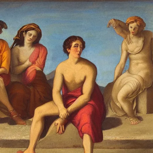 Prompt: painting of a thinking man sitting on a stone surrounded by beautiful women, greek