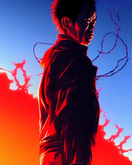 Prompt: tetsuo over neo - tokyo, silhouetted by a red sun | anime, realistic shaded perfect face, fine details. realistic shaded lighting poster by katsuhiro otomo, akira, artgerm, jeremy lipkin and michael garmash and rob rey