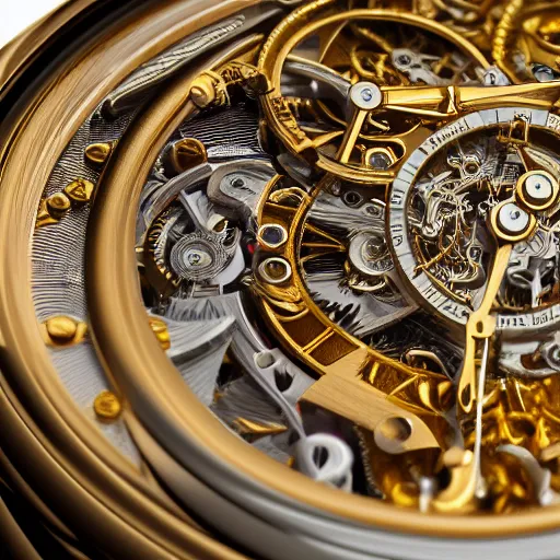 Image similar to a macro photo of a gold and silver mechanical pocketwatch, close - up, intricately detailed engravings, intricately detailed markings, intricate textures, warm lighting, vivid colors, realistic octane render, hyper realistic render, volumetric shading, depth of field, raytracing, 8 k,