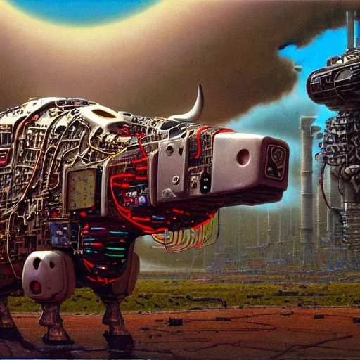 Prompt: cyborg cow with exposed circuitry, cybertronic gadgets, dirty colours, rotten textures, rusty shapes, biotechnology, bao pnan, tim hildebrandt, wayne barlow, bruce pennington, donato giancola, larry elmore, oil on canvas, denoise, masterpiece, featured on pixiv, cinematic composition, hyper - detailed