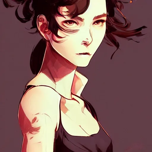 Image similar to a beautiful girl with short curly brown hair in a short ponytail, a pointy chin, happy, smiling , dramatic lighting, illustration by Rossdraws, yoji shinkawa, 4k, digital art, concept art, trending on artstation