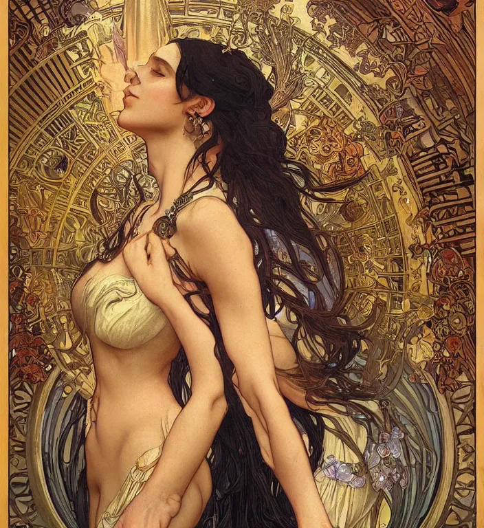 Prompt: unreal engine render + a goddess, tarot card, dark souls colour scheme, smooth, coherent, high detailed, by Karol Bak outlines by Alphonse Mucha, featured on artstation, instagram HD, unreal engine