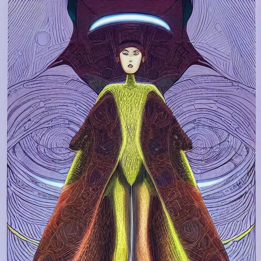 Image similar to portrait of the mysterious organic robot, vogue cover, vogue poses, beautiful futuristic ornamental cape, intricate, highly detailed, masterful, in the style of moebius, akira toriyama, jean giraud, 8 k