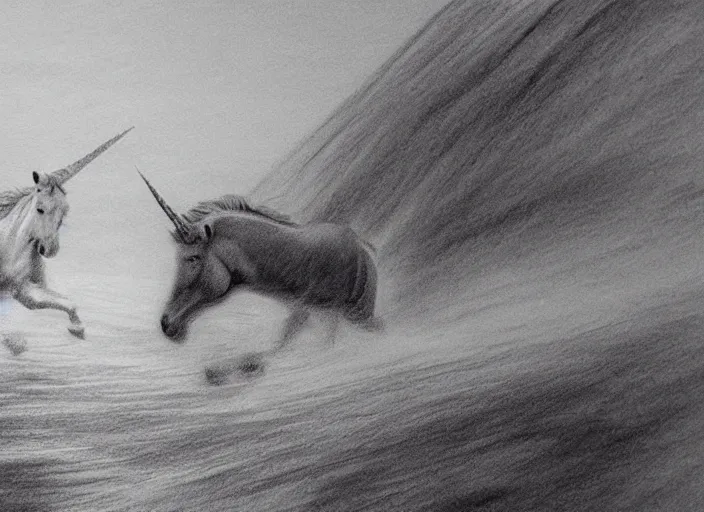 Image similar to detailed charcoal sketch of two unicorns running through a fjord, some edges lost, subtle, beautiful epic sketch, light and medium values, epic fjord, detailed unicorns, clean elegant and refined sketch, equal focus of attention throughout