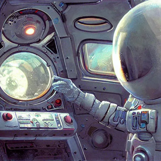 Image similar to baby astronaut doing maintenance in spaceship at space, graffiti painting by Craig Mullins