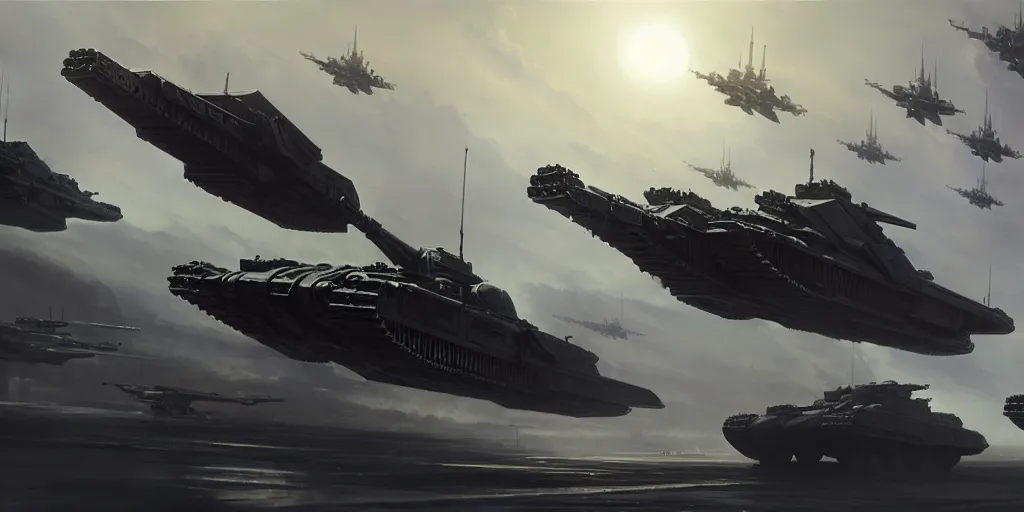 Image similar to hyper realistic sci - fi matte concept art painting of a low flying spaceship over a battlefield filled with tanks, mecha and transports, beautiful details, strong composition painted by kim jung guweta studio rutkowski, james gurney and greg rutkowski, and lucasfilm, smooth, intricate, detailed, sharp focus, cinematic