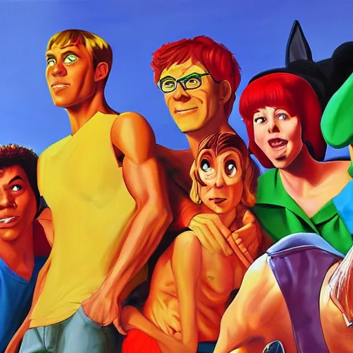 Image similar to an ultra - realistic portrait painting of scooby and the gang in the style of alex ross. 4 k. ultra - realistic. highly detailed. epic lighting.