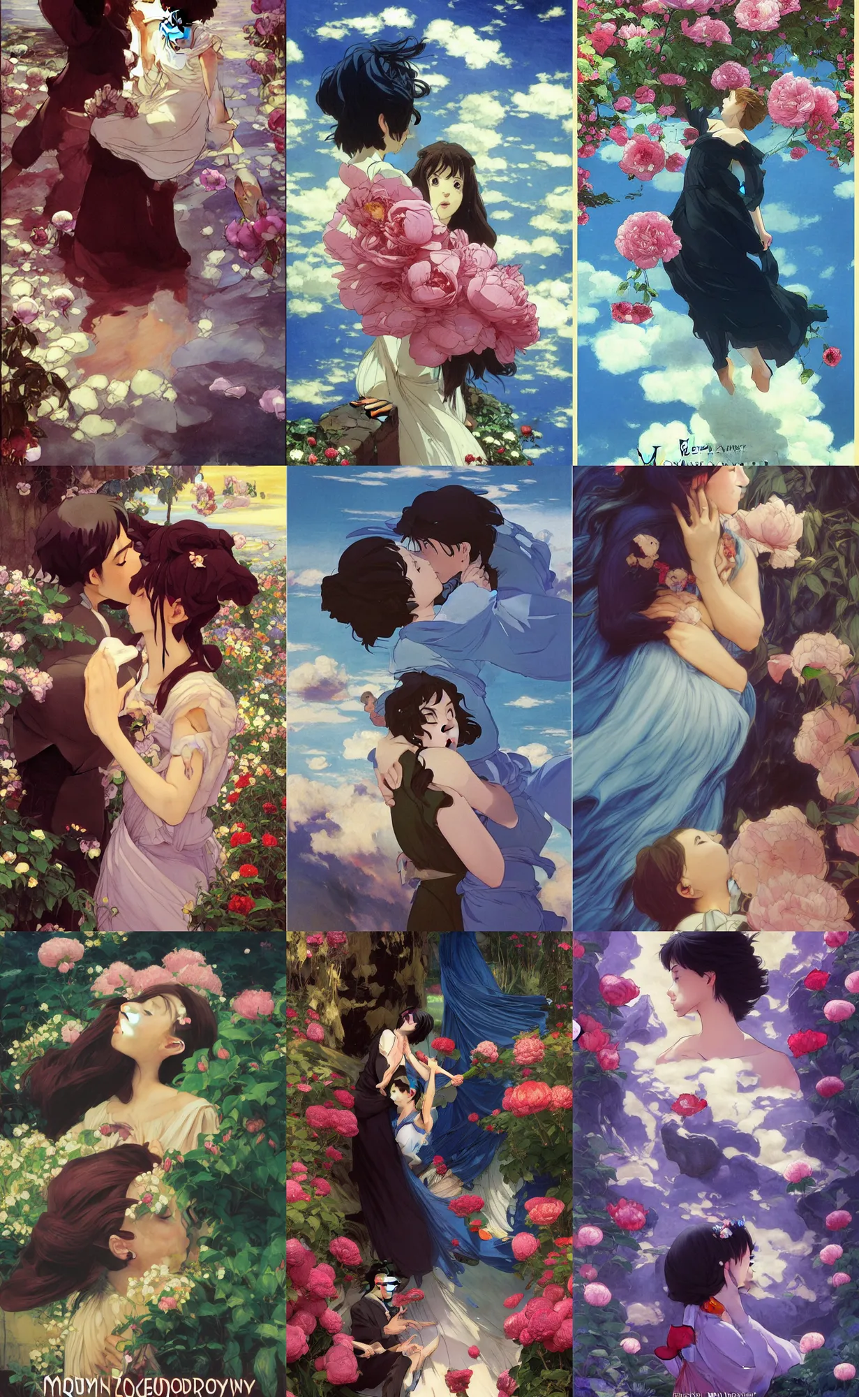 Prompt: bestselling movie poster, official media, cinematic beautiful closeup moment of saying goodbye. Dancing slowly peonies howls moving castle , by frederick judd waugh, simple form, brutal shapes, shaman, pixiv, 1970s fashion, official anime media, studio ghibli, artwork by Joaquin Sorolla john william waterhouse Denis Sarazhin James Jean klimt rhads van gogh Dean Ellis Detmold Charles Maurice greg rutkowski, wong kar wai