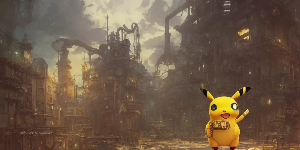 Prompt: A highly detailed matte oil painting of a steampunk mechanical Pikachu by Studio Ghibli, by Mokoto Shinkai, hyperrealistic, cinematic, breathtaking, beautiful composition, by Artgerm, by beeple, volumetric lighting, octane render, 4K resolution, trending on artstation