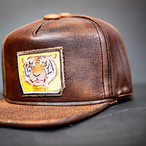 Image similar to leather patch hat tiger detail on, realistic