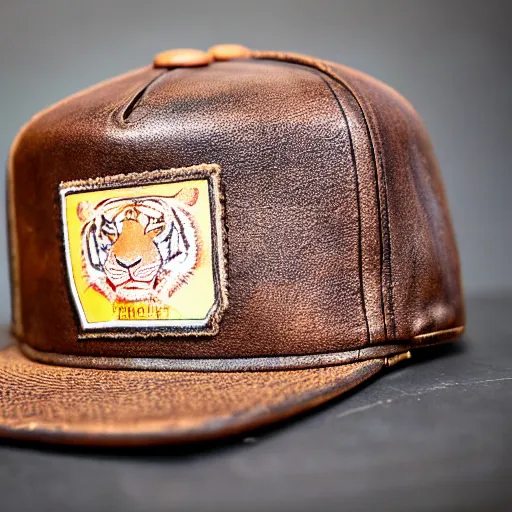 Prompt: leather patch hat tiger detail on, realistic