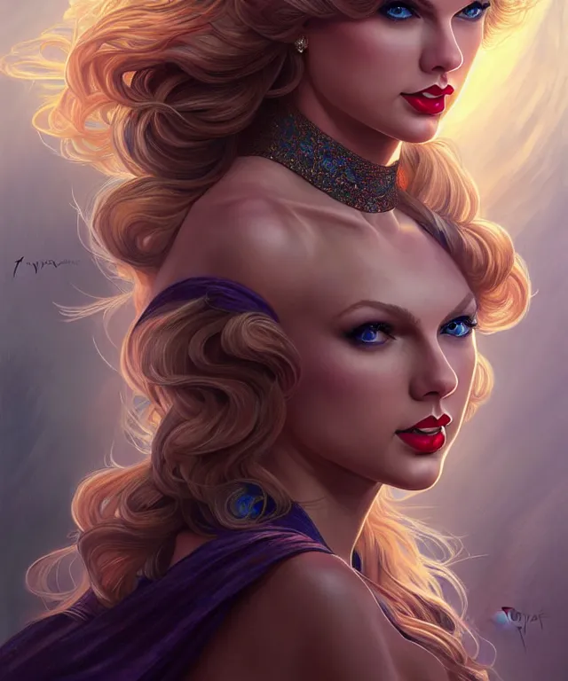 Prompt: Taylor Swift as a fantasy magic woman portrait, sci-fi, amber eyes, face, long hair, fantasy, intricate, elegant, highly detailed, digital painting, artstation, concept art, smooth, sharp focus, illustration, art by artgerm and greg rutkowski and alphonse mucha