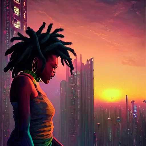 Prompt: a gothic!!!!! black woman with colorful dreadlocks sitting on top of a skyscraper in the cyberpunk city at sunset, by greg rutkowski and android jones and Alena Aenami in a surreal!! portrait style, oil on canvas, cyberpunk, vibrant color scheme, 8k