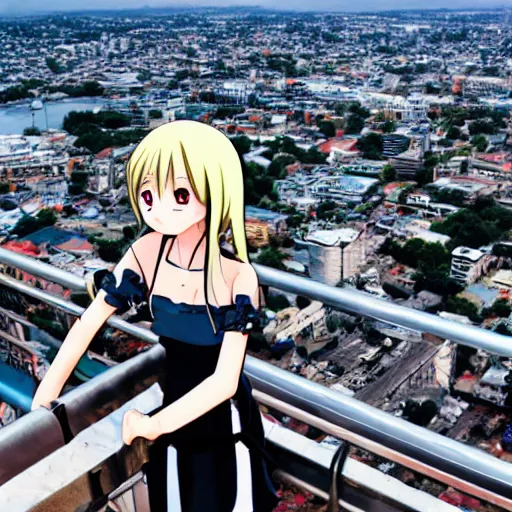 Prompt: anime girl looks from a cliff at a huge city