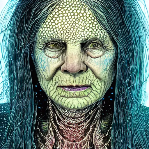 Image similar to dark underwater portrait of one Bioluminescent old woman, with cracked reaction diffusion semi-transparent skin. multicolored fish scales, face closeup. long dark hair. realistic. with many jellyfishes. intricate, very detailed, illustration, by alex grey and Moebius