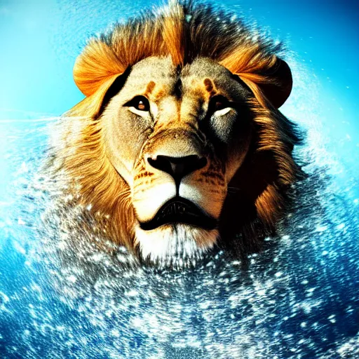 Prompt: a male lion's face breaching through a wall of water, headshot, water sprites, splashing, deep blue ocean, highly detailed, realistic digital art, trending on artstation