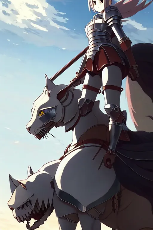 Image similar to a full body of the female knight riding a heavy armored giant cat, finely detailed features, closeup at the faces, perfect art, gapmoe yandere grimdark, trending on pixiv fanbox, painted by greg rutkowski makoto shinkai takashi takeuchi studio ghibli, akihiko yoshida