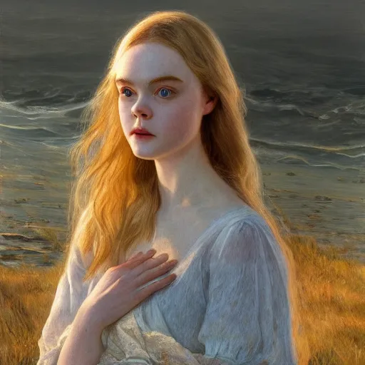 Prompt: Elle Fanning in the beach, head and shoulders masterpiece, oil on canvas, golden hour, in the world of Andrew Wyeth, artstation, by J. C. Leyendecker and Peter Paul Rubens,