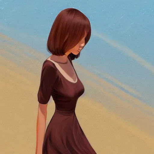 Image similar to slim cruel girl in dress with brown bob hair, elegant, walk down the beach, 2 d, ultra highly detailed, digital painting, smooth, sharp focus, artstation, art by ilya kuvshinov,