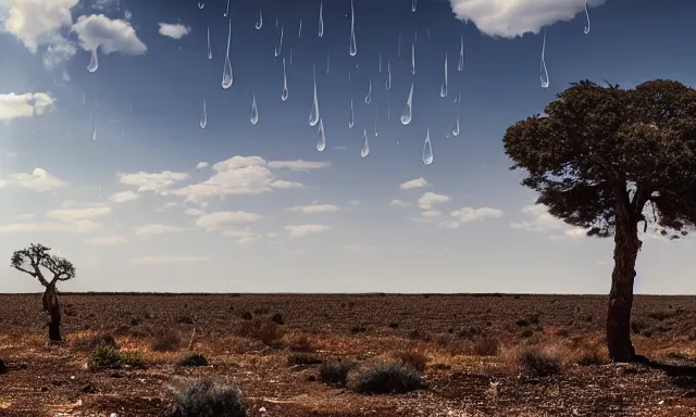 Prompt: beautiful panorama of many magnificent big raindrops flying upwards into the perfect cloudless blue sky above a dried up river surrounded by desolate land and dead trees, blue sky, hot and sunny highly-detailed, elegant, dramatic lighting, artstation, 4k, cinematic landscape, masterpiece photograph by Elisabeth Gadd
