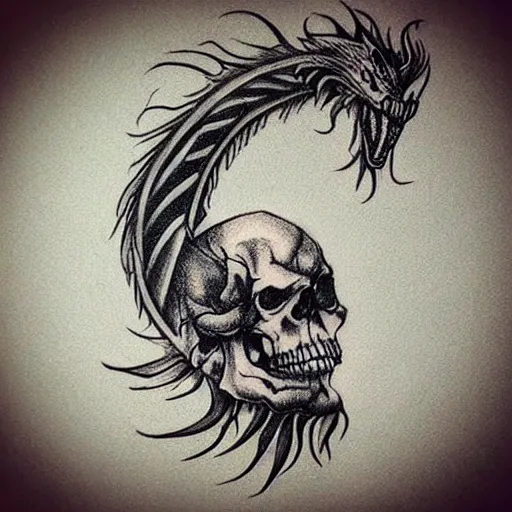 Image similar to Very detailed masterpiece tattoo sketch of Dragon with skull