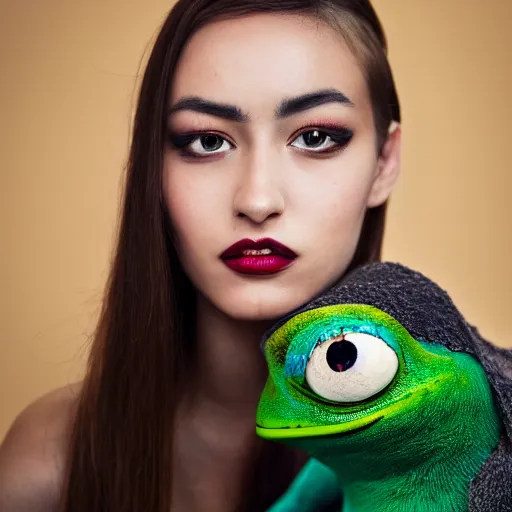 Image similar to a creative portrait of a beautiful model + pepe the frog, beauty shot, photography, makeup, female character, canon eos r 3, f / 1. 4, iso 2 0 0, 1 / 1 6 0 s, 8 k, raw, unedited, symmetrical balance, in - frame