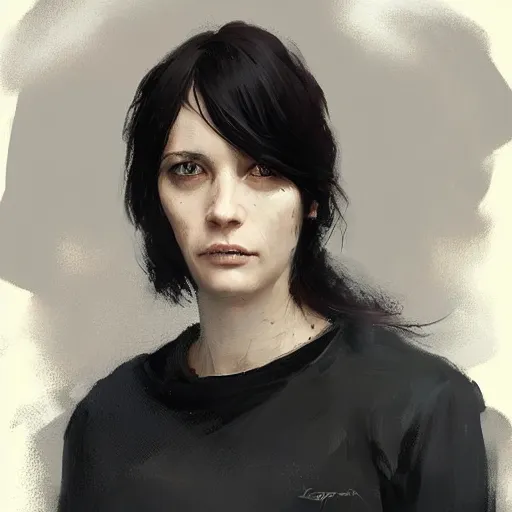 Prompt: Portrait of a woman by Greg Rutkowski, she is about 30 years old, pretty, messy black bob hair, pale round face, tired eyes, she is wearing a black utilitarian jumper jumpsuit, highly detailed portrait, digital painting, artstation, concept art, smooth, sharp foccus ilustration, Artstation HQ.