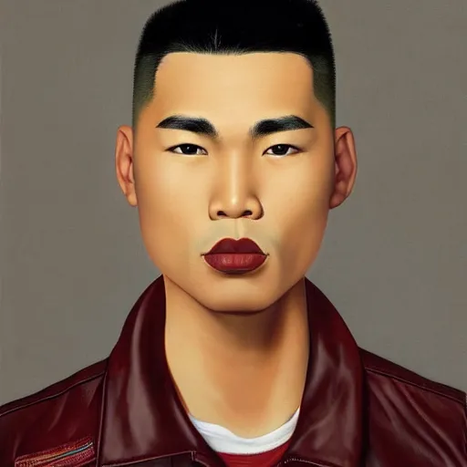 Prompt: front close up portrait of a young beautiful asian man with a mohawk haircut, wearing a leather jacket, maroon lips, blank background, by kehinde wiley, kadir nelson, norman rockwell