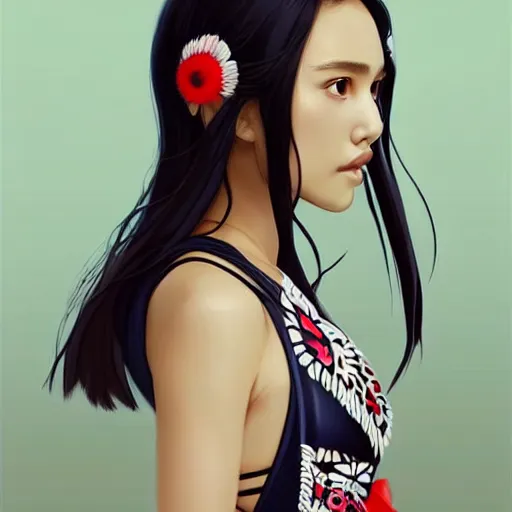 Image similar to a beautiful young japanese natalie portman alluring gravure model, stylized concept art, wearing elegant designer bomber jacket and one piece bikini, bomber jacket with mesoamerican patterns, mesoamerican native street fashion, princess mononoke, painted by ilya kuvshinov aesthetic, gorgeous, stunning, alluring, attractive, artstation, pinterest, digital art