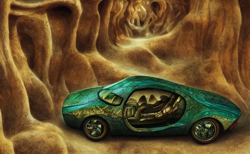 Image similar to car based on a heavenly city with lush walkways, beautiful bioarchitecture design by kedem pitsou, m. c. escher, gaudi sagrada familia, and bisti badlands, emerald gold and beksinski, highly detailed, bokeh, beautiful, artstation