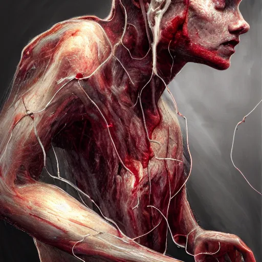 Prompt: , flesh box with wires sticking out, meat box, clump of flesh, a computer made out of flesh, computer made out of flesh, skin on the gaming pc, personal computer horror, server, electronic, skinned alive, blood, intricate, highly detailed, digital painting, artstation, concept art, smooth, sharp focus, illustration,