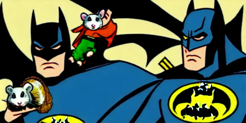 Image similar to Batman posing with a hamster, comic book style