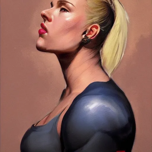 Image similar to greg manchess portrait of scarlett johansson as roided thick very muscular fitness model zarya from overwatch with short blond hair and ponytail, fantasy, medium shot, asymmetrical, profile picture, organic painting, sunny day, matte painting, bold shapes, hard edges, street art, trending on artstation, by huang guangjian and gil elvgren and sachin teng