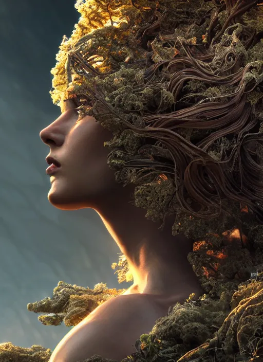 Image similar to sumptuous biomechanical incredible hair, crystalline masterpiece incrustations, hyperdetailed face, elegant pose, movie still, intricate, octane render, cinematic forest lighting, cgsociety, unreal engine, crepuscular rays, god rays